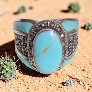 TURQUOISE AND MARQUESITE RING 925 STERLING SILVER SIZE 6 3/4